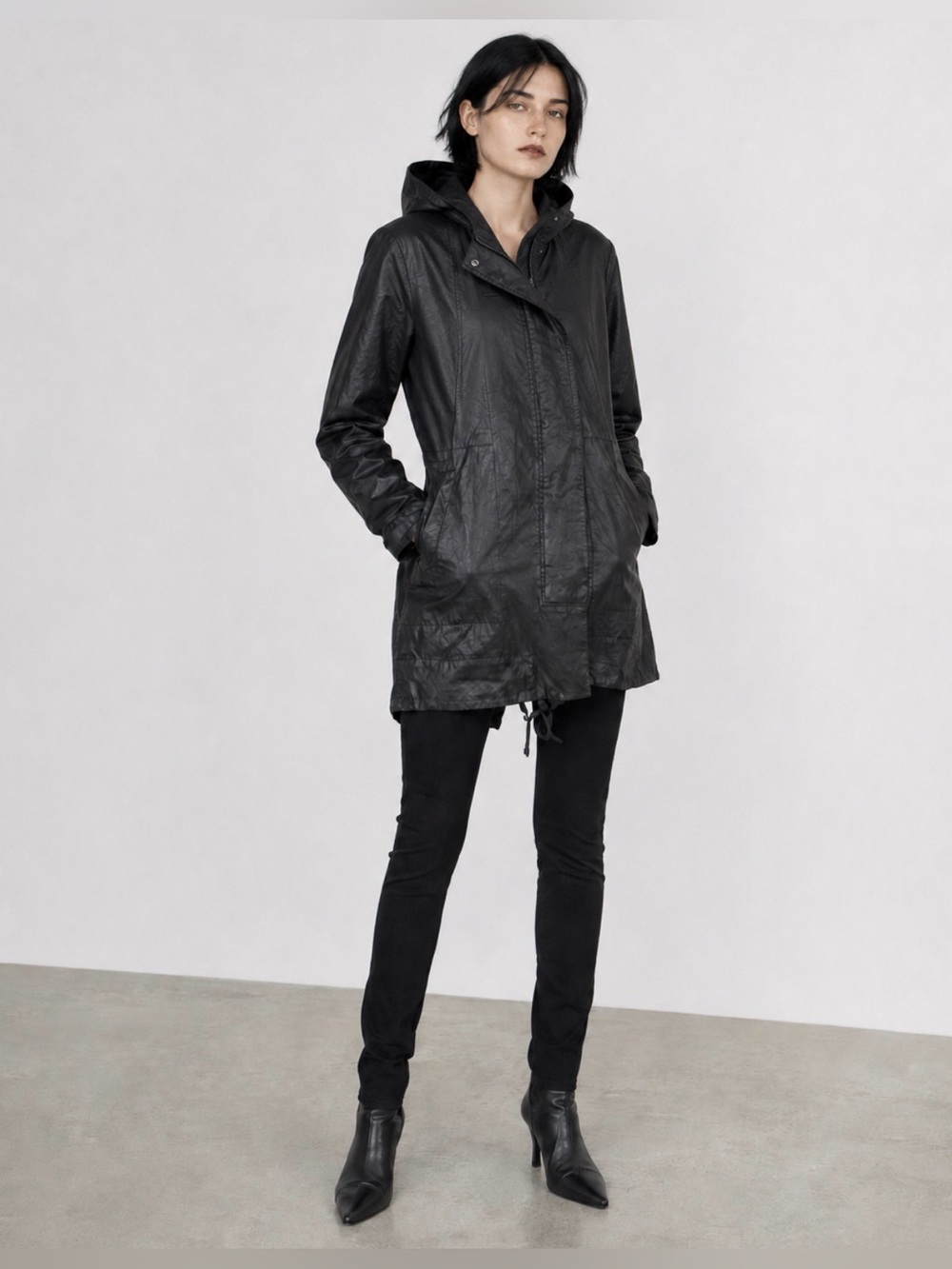 Helmut Lang black coated hooded parka / anorak jacket Women’s Petite P / TP XS